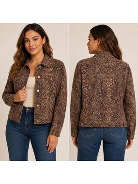 Chaps Womens Snake Print Denim Jacket Medium Brown Cotton Blend